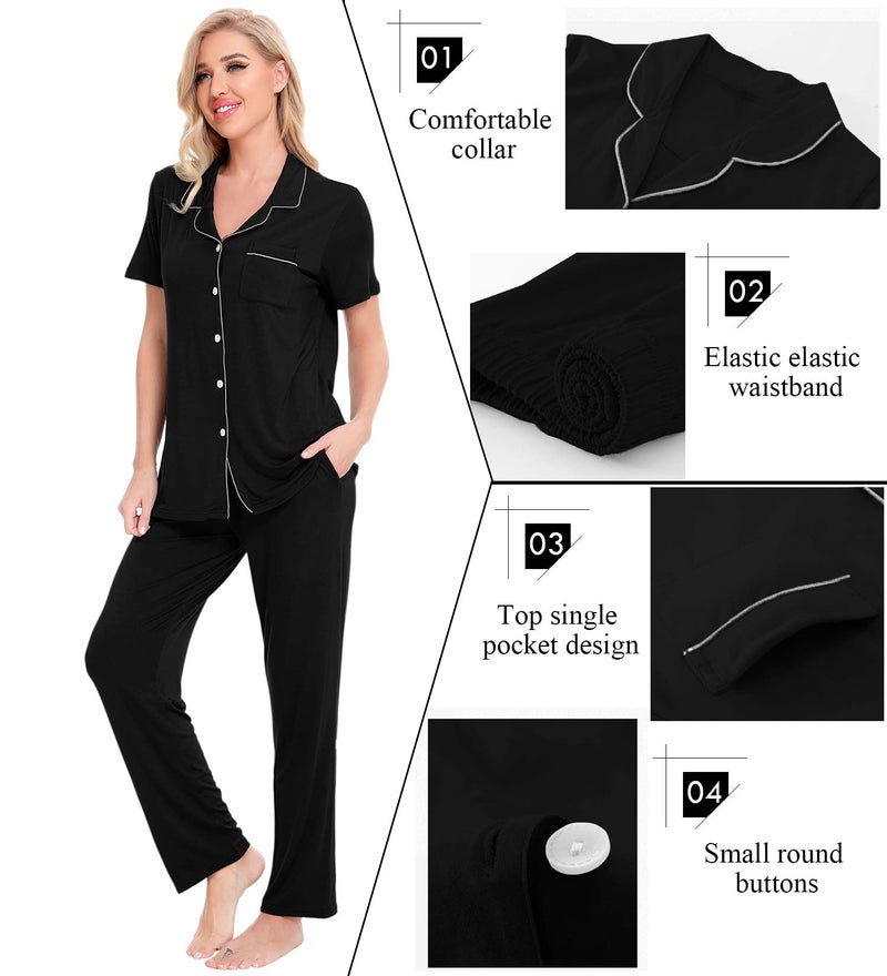 SWOMOG Women Pajama Sets Two-Piece Nightwear Short Sleeve Sleepwear Button Down Pj Lounge Sets with Long Pants Black - Image 3